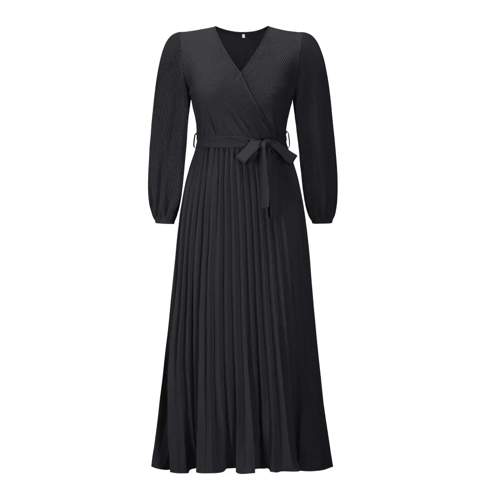 V-neck Long Sleeve Pleated A-Line Dress