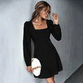 Square-Neck Cinched A-Line Lace Long Sleeve Dress
