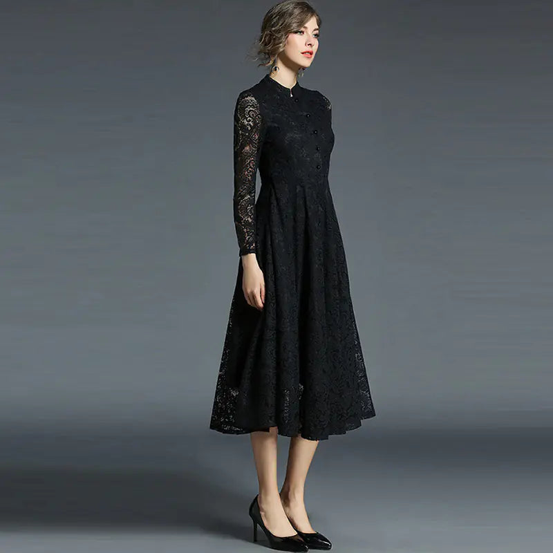 Lace Long Sleeve High Collar A-Line Dress