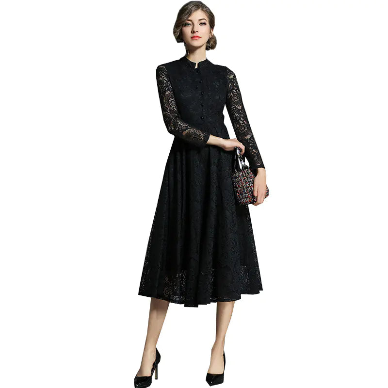 Lace Long Sleeve High Collar A-Line Dress