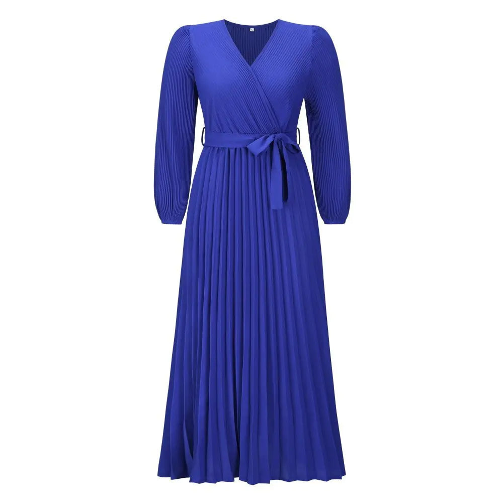 V-neck Long Sleeve Pleated A-Line Dress
