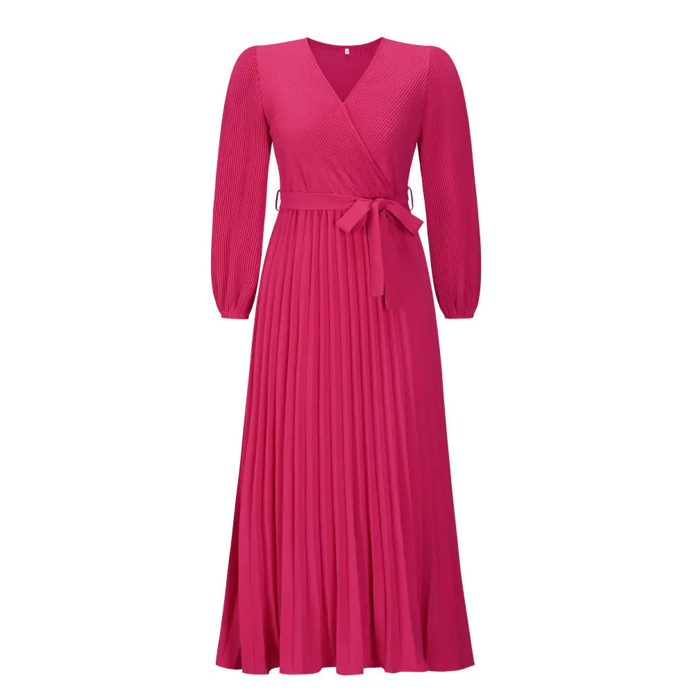V-neck Long Sleeve Pleated A-Line Dress