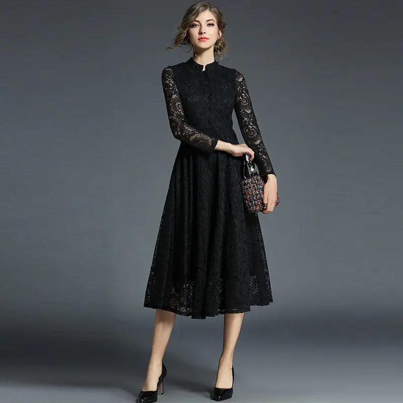 Lace Long Sleeve High Collar A-Line Dress