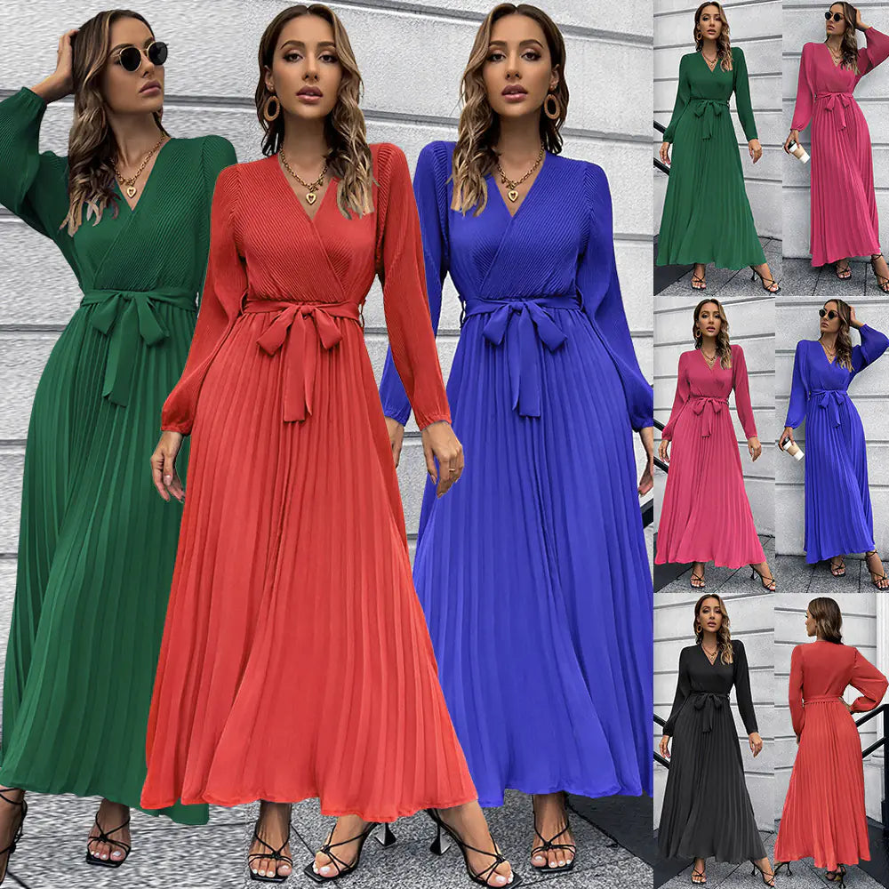V-neck Long Sleeve Pleated A-Line Dress
