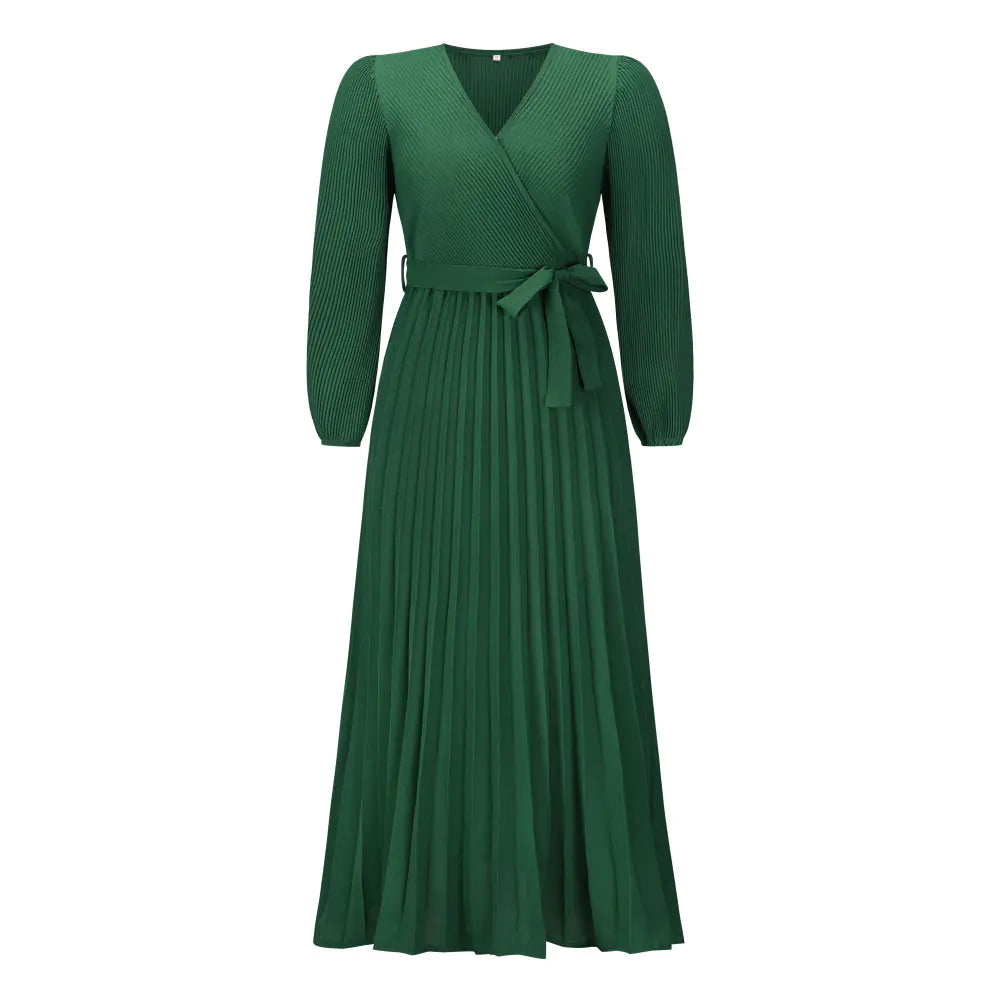 V-neck Long Sleeve Pleated A-Line Dress