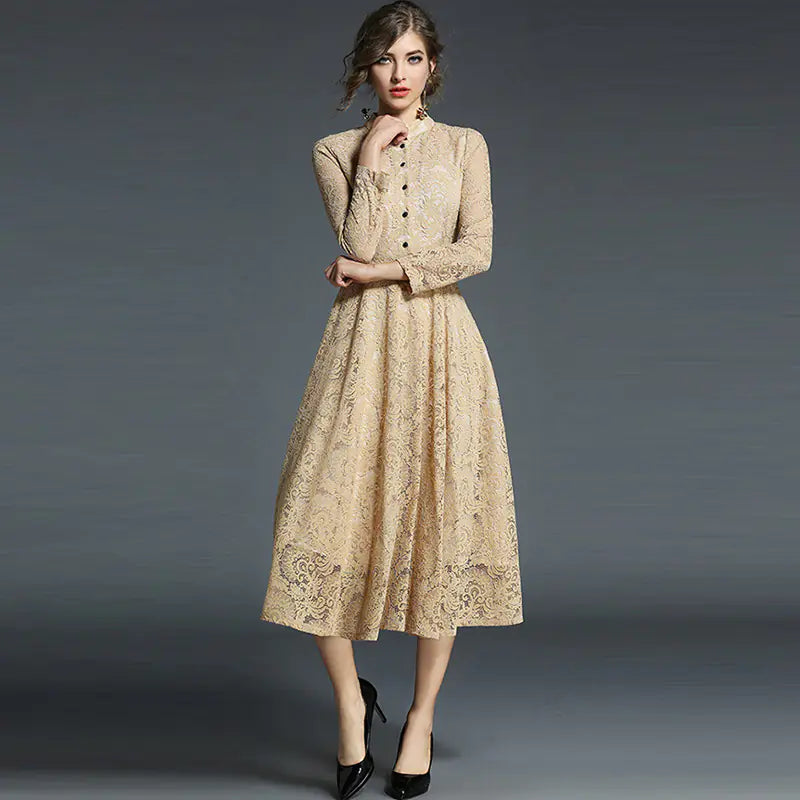 Lace Long Sleeve High Collar A-Line Dress