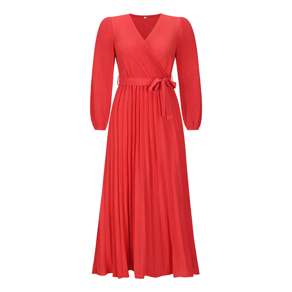 V-neck Long Sleeve Pleated A-Line Dress