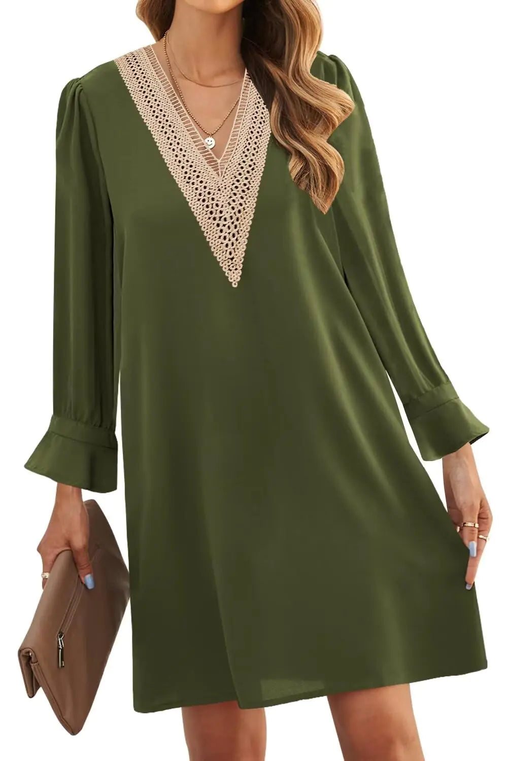 JOCAFIYE Summer Dresses for Women Long Sleeve V Neck Dress Casual Dresses for Women Army Green M