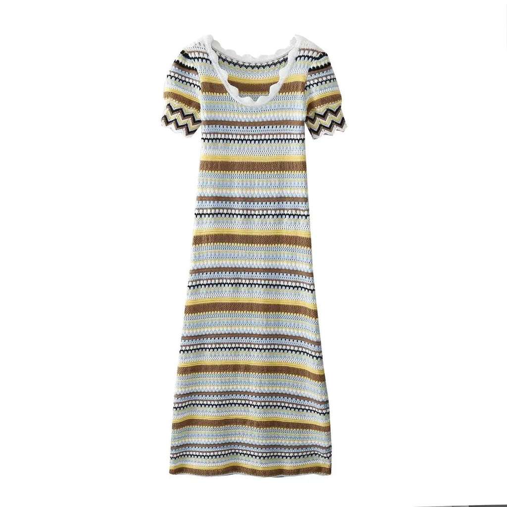 Womens Long Sleeve Knitted Striped U-Neck Dress